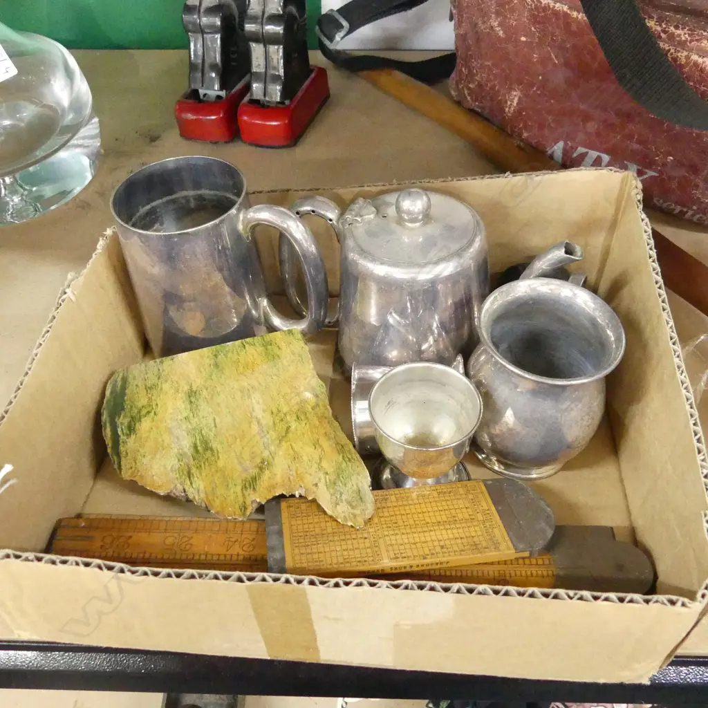 SM BOX MISC INCL OLD WOODEN FOLDING RULERS, EP TEAPOT, STONE & OLD POCKET WATCH Image 1++