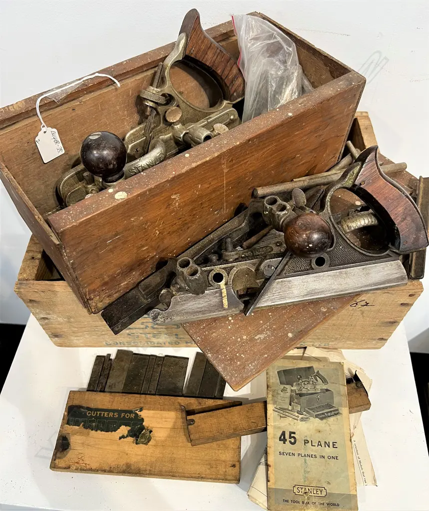 2 x STANLEY No.45 WOOD PLANES W BLADES + EXTRAS + original pamphlet Image 1++