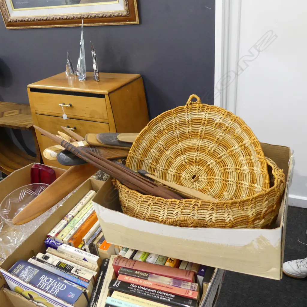 BOX LOT ABORIGINAL ARTEFACTS, BOOMERANGS, WOOMERA, MODEL SPEARS,BASKET. Image 1++