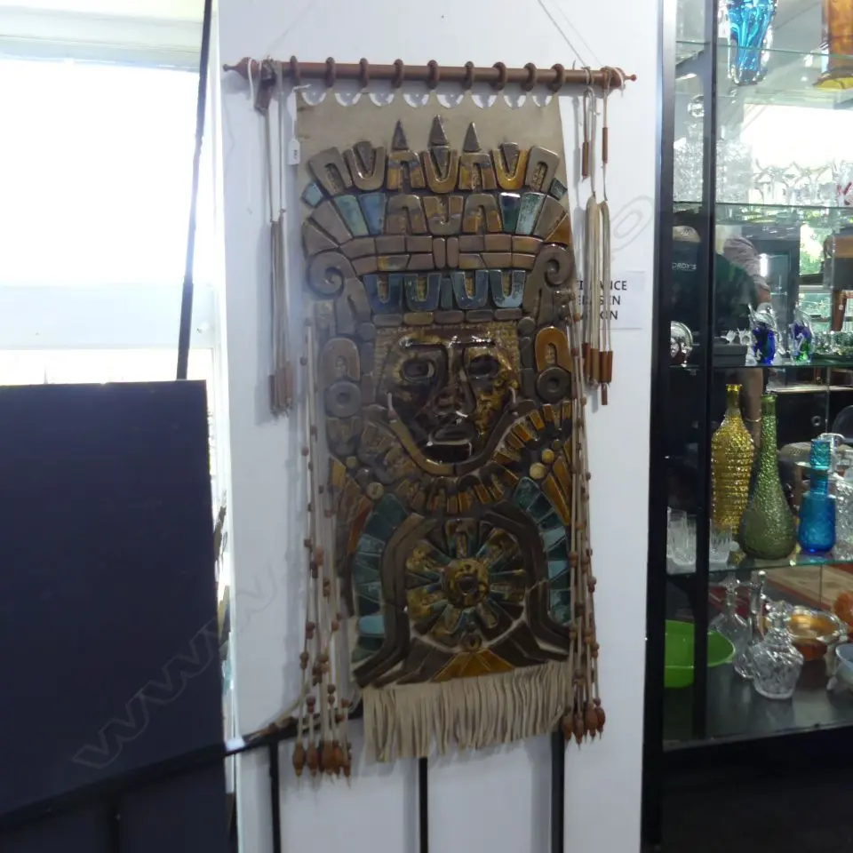 BRUCE PAPAS 'HEAD + LARGE HEADDRESS FROM TENAYUCA' TILE & LEATHER WALL HANGING 900x400mm Image 1++