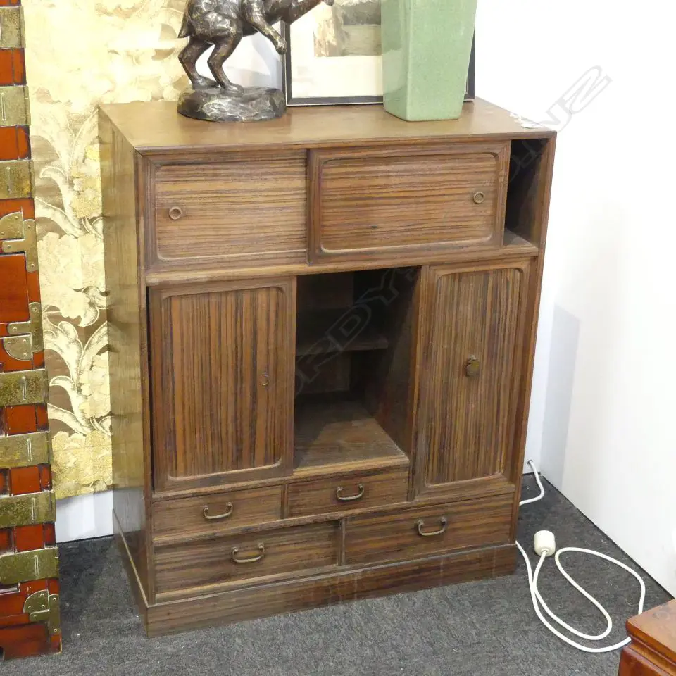 JAPANESE VINTAGE EXOTIC WOOD SMALL TANSU CABINET 735 x 350 x 895mm 5 doors 3 drawers Image 1++