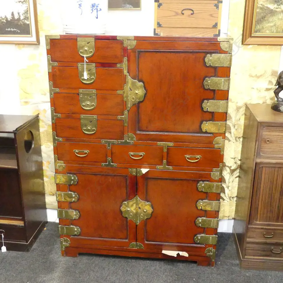 LGE VINTAGE KOREAN CHEST; RED LACQUER FINISH 910x370x1300mm Image 1++