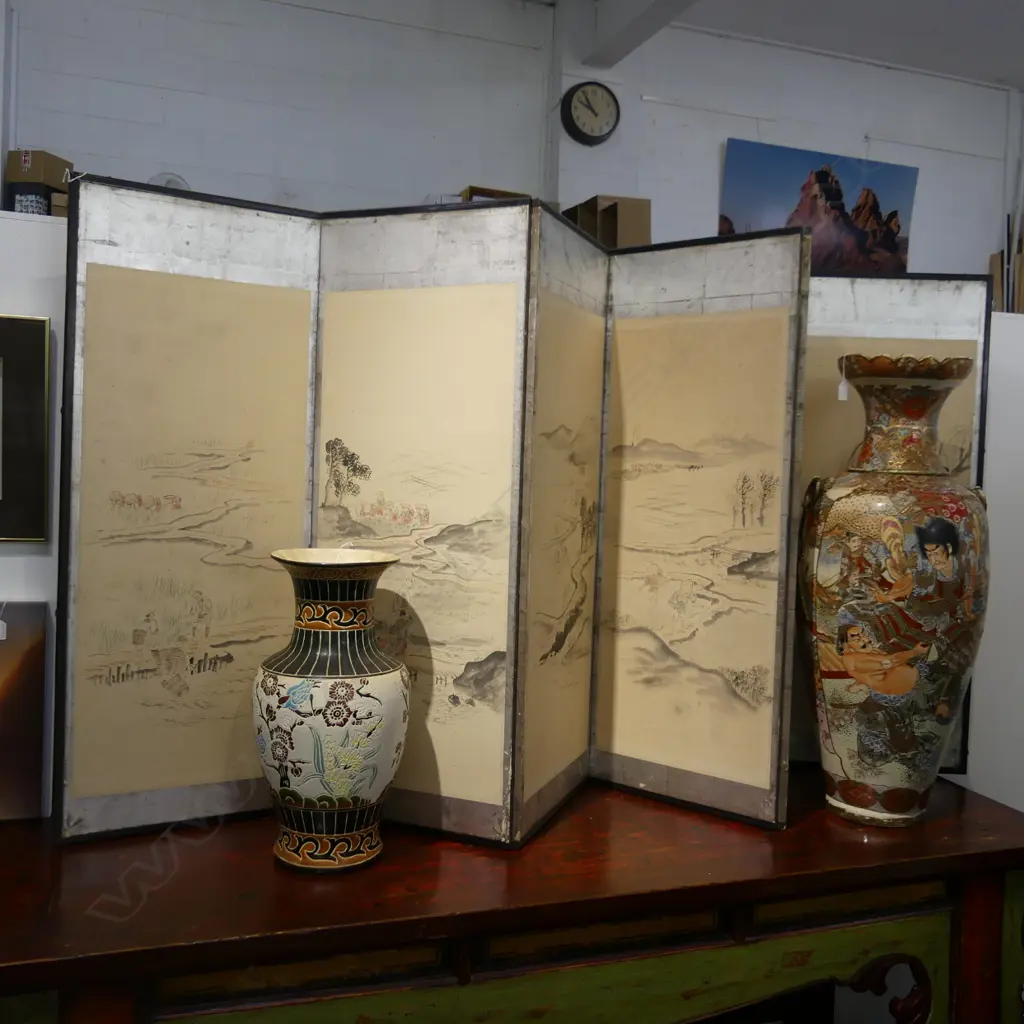 OLD 6 PANEL JAPANESE SCREEN PAINTED & SILVER LEAF H.1170MM Image 1++