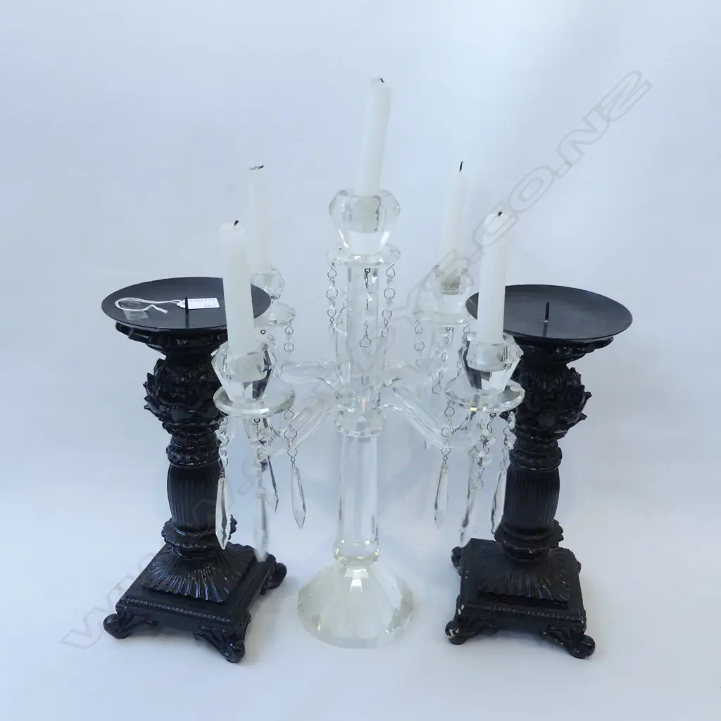 CRYSTAL 4 ARM TABLE CHANDELIER H.440 + PR BLACK COLUMN CANDLE HOLDERS H.335mm Image 1++