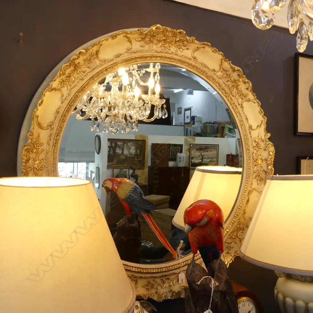 ORNATE PLASTER & WOOD WHITE & GILT CIRCULAR MIRROR, DIA. 870mm Image 1++