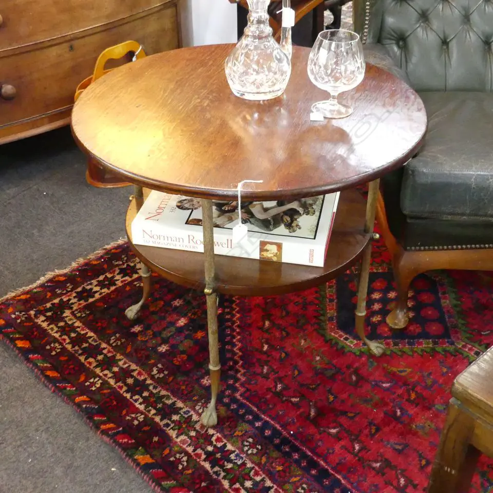 2 TIER CIRCULAR SIDE TABLE w. 4 BRASS LEGS 700mm dia Image 1++