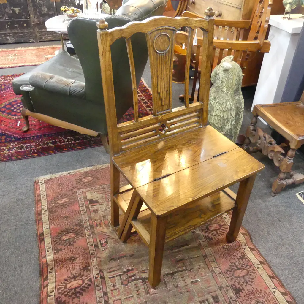 ORIENTAL ANTIQUE STYLE ELM WOOD LIBRARY STEP CHAIR Image 1++