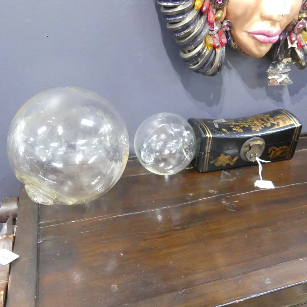 2 VINTAGE CLEAR GLASS FISHING FLOATS + ORIENTAL HEAD REST PILLOW BOX W.250mm Image 1++
