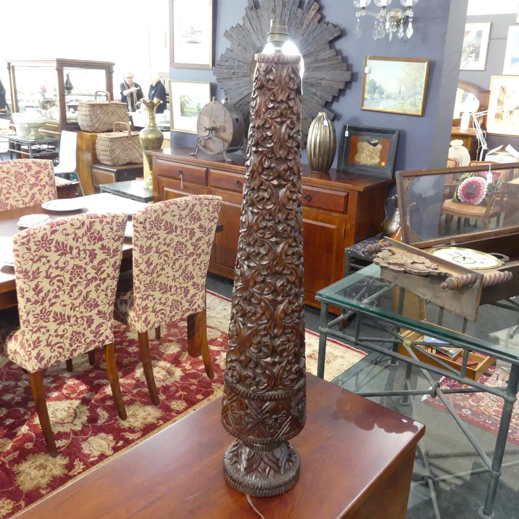 CARVED WOODEN TALL INDONESIAN LAMP BASE H.810mm Image 1++