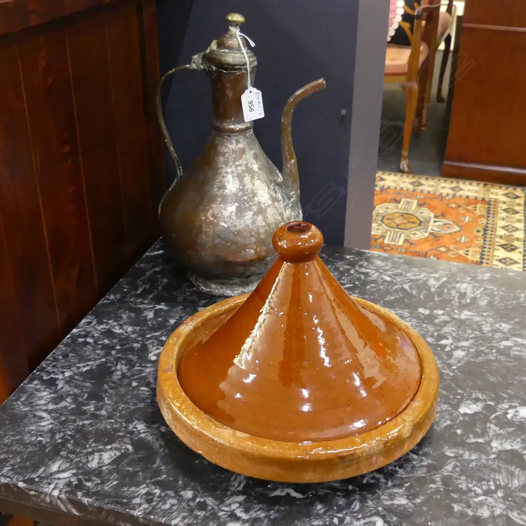 GENUINE MOROCCAN CLAY TANGINE + MIDDLE EASTERN COPPER JUG H.330mm Image 1++