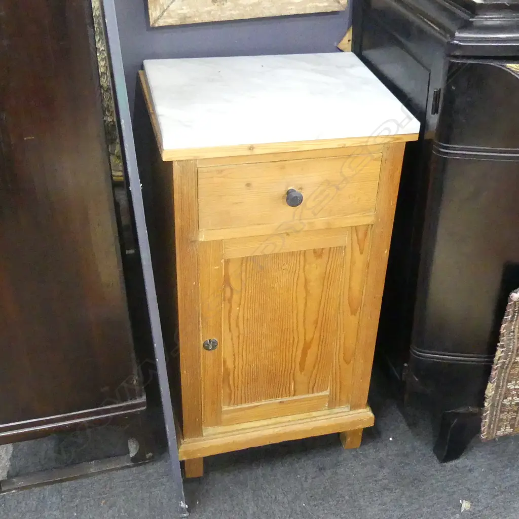 PR 19THC PINE BEDSIDE CABINETS WHITE MARBLE TOPS. H.795mm Image 1++