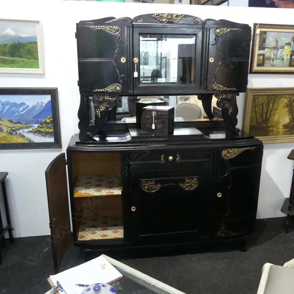 BLACK & GILT PAINTED ART DECO SIDEBOARD / BUFFET AF... Image 1++