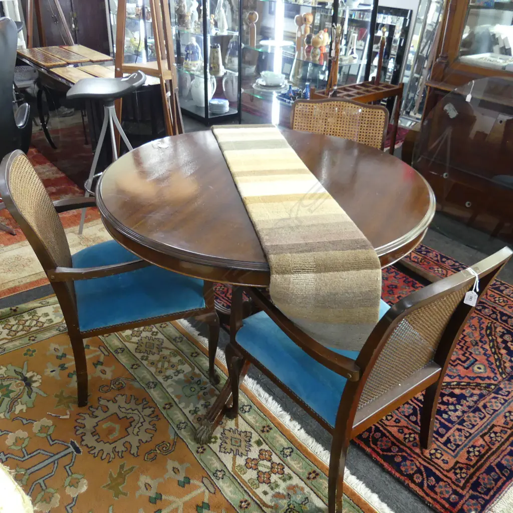 REGENCY STYLE MAHOGANY PEDESTAL TABLE + 3 CHAIRS w. BLUE VELVET SEAT Image 1++