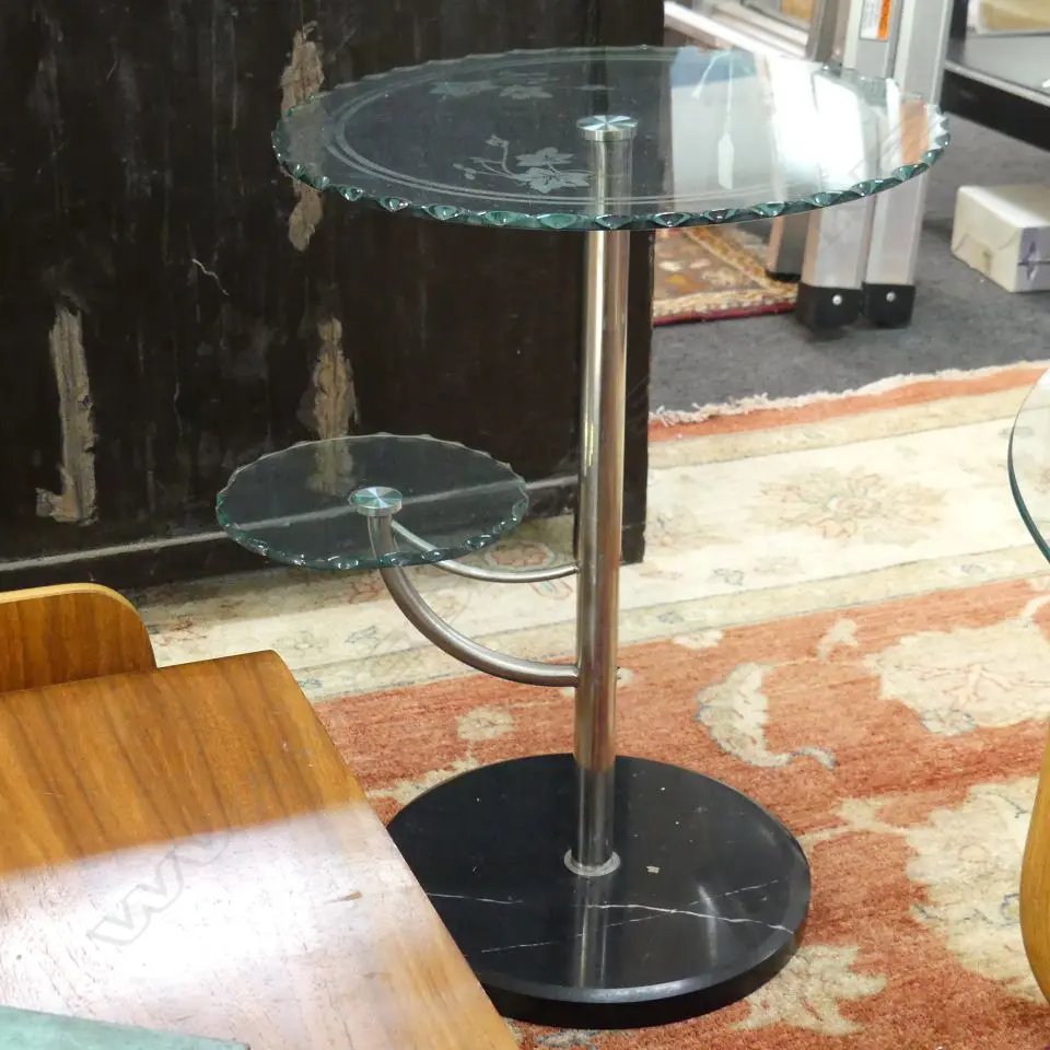 DECO STYLE TWO-TIER FROSTED GLASS SIDE TABLE, MARBLE BASE, 390 x 530mm Image 1++