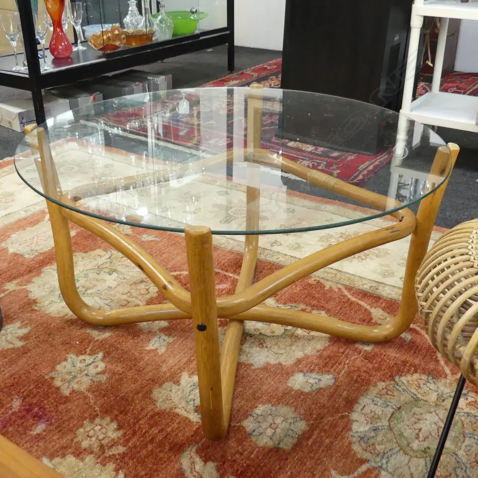 DESIGNER GLASS TOP CANE COFFEE TABLE 770mmDIA Image 1++