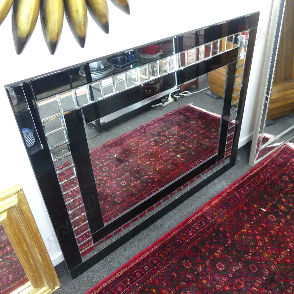 LARGE MIRROR; THICK BLACK FRAME w. BEVELED GLASS RECTANGLES 970x1220mm small cnr chips Image 1++