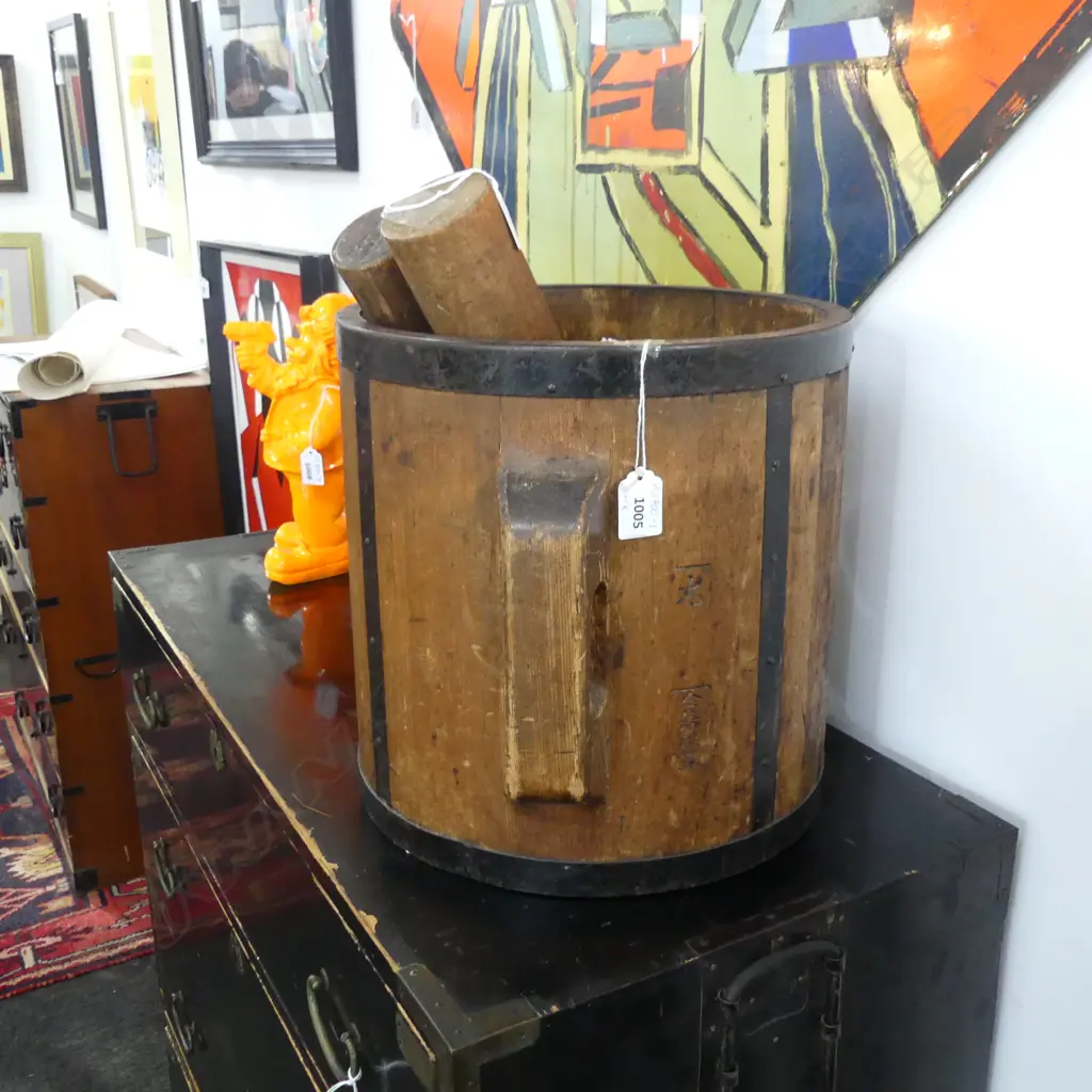 LG ORIENTAL WOODEN GRAIN BUCKET (METAL TRIMS) (DIA  315 H 310MM) + PR GRAIN POUNDERS (L 395MM) Image 1++