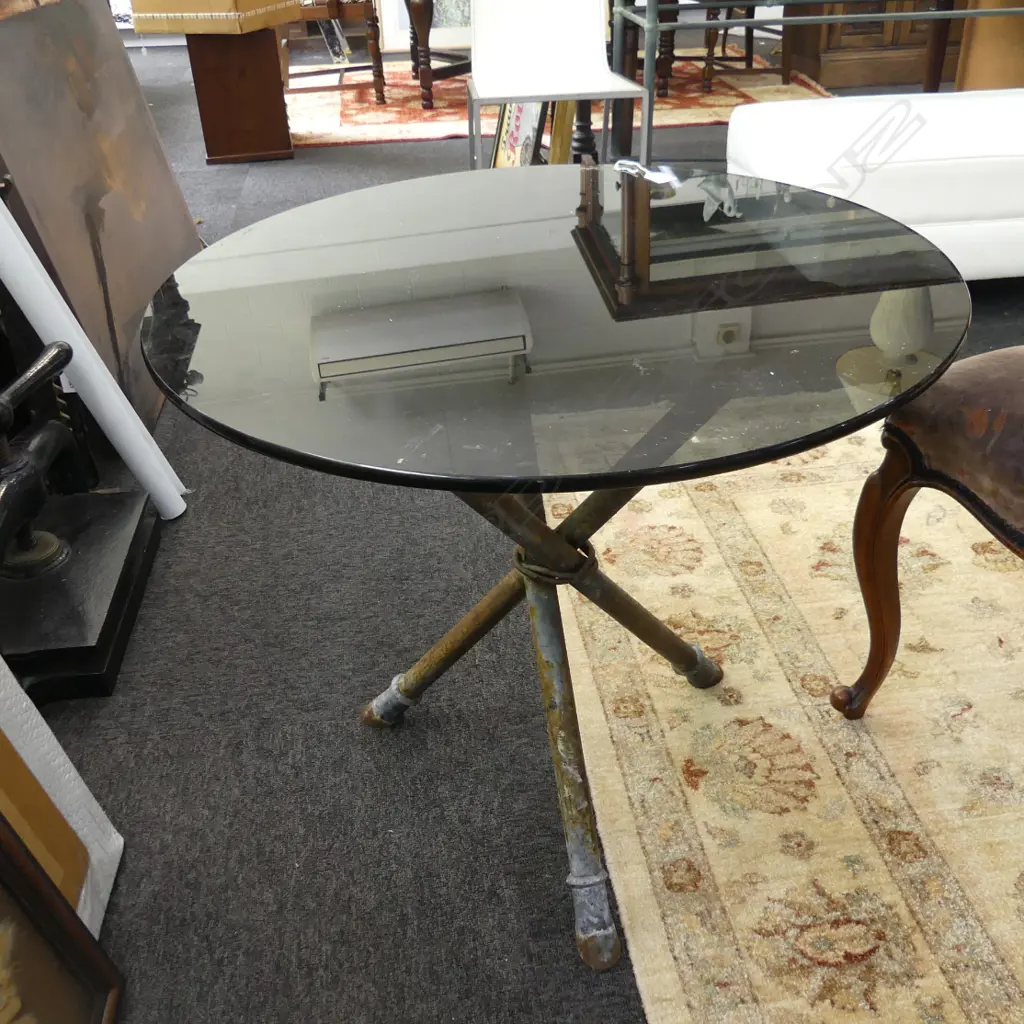 OUTDOOR TABLE; BLACK GLASS TOP ON 3 METAL LEGS AF 700mm dia Image 1++