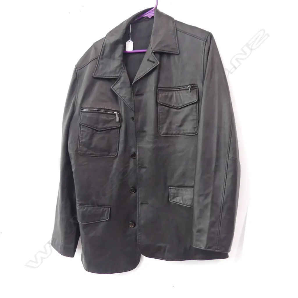 HERMES BLACK LEATHER COAT; BUFFALO NUBUCK SIZE 52 Image 1++