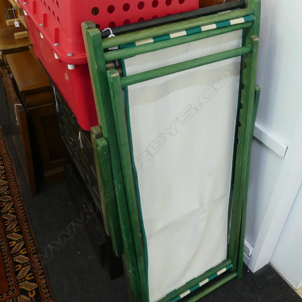 PR WOODEN FRAMED CANVAS FOLDING DECK CHAIRS; 1 GREEN & WHITE STRIPE, 1 BLUE & WHITE STRIPE Image 1++