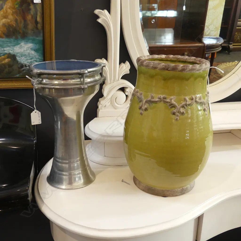 FRENCH STYLE GREEN CERAMIC POT w. GREEN GLAZE + TURKISH DARBUKA METAL DRUM H.320mm Image 1++