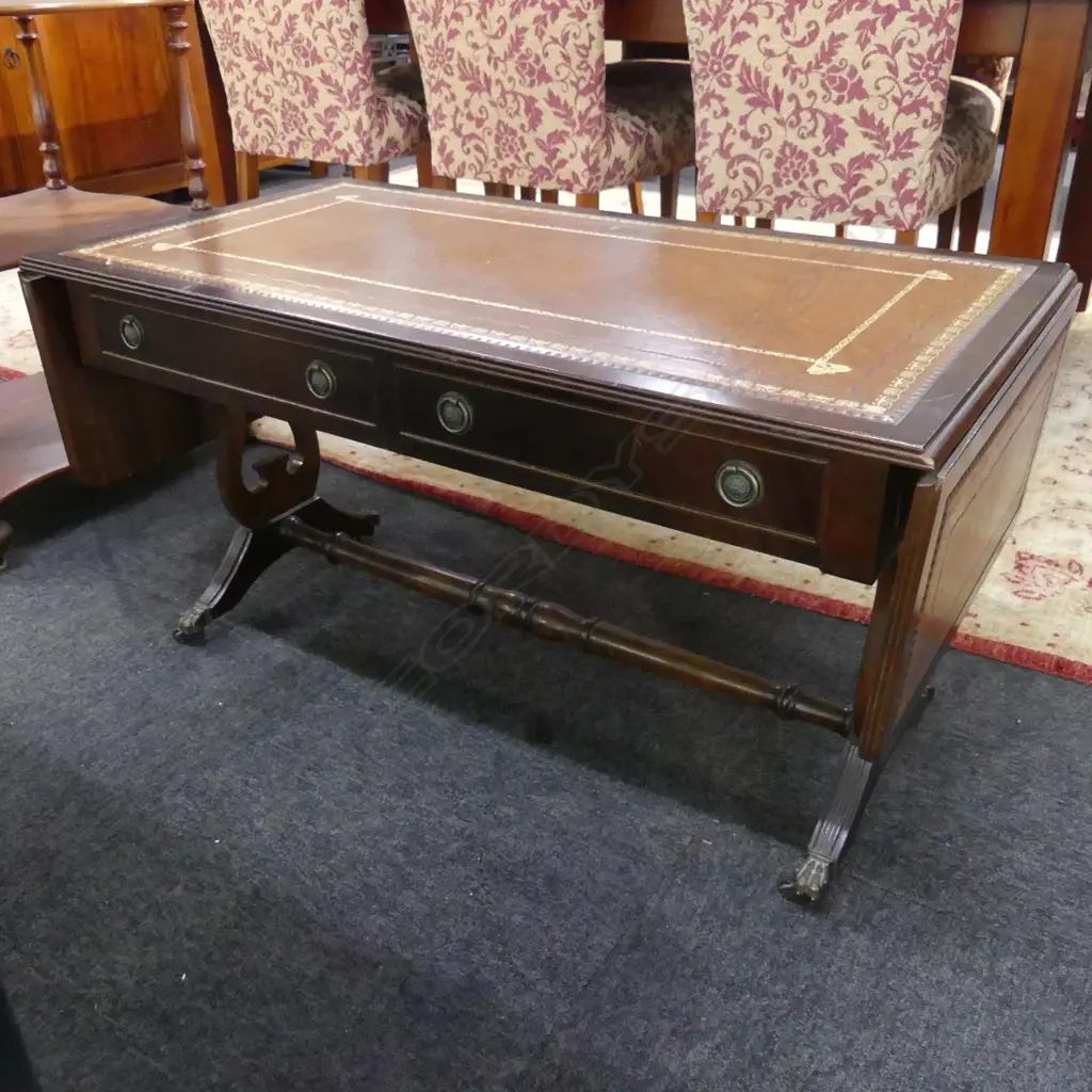 ANTIQUE STYLE MAHOGANY & LEATHER TOPPED  SOFA TABLE w. DRAWERS 990mmL X 520mmH X 500mmD (EXTENSION NOT MEASURED) Image 1++