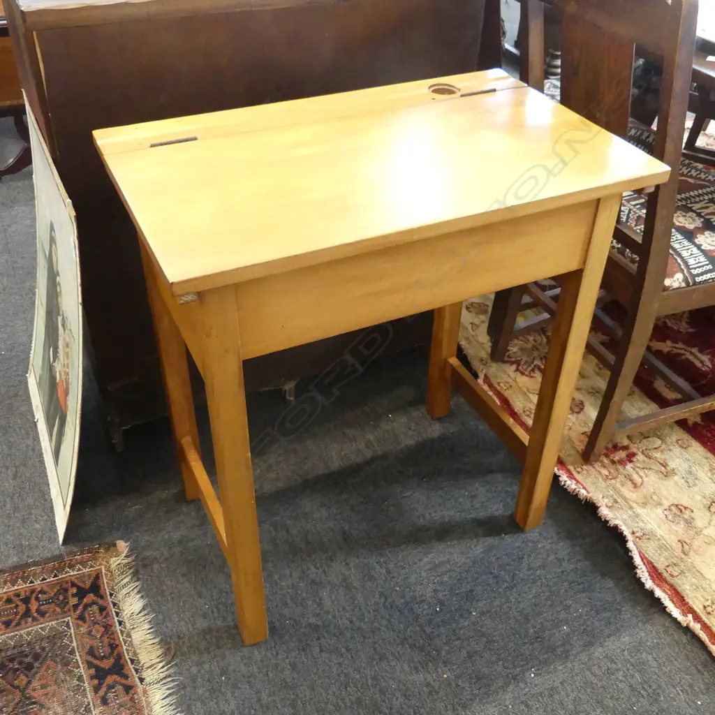 VINTAGE RIMU SCHOOL DESK WITH CALLIGRAPHY INKS, SEALS, ETC Image 1++