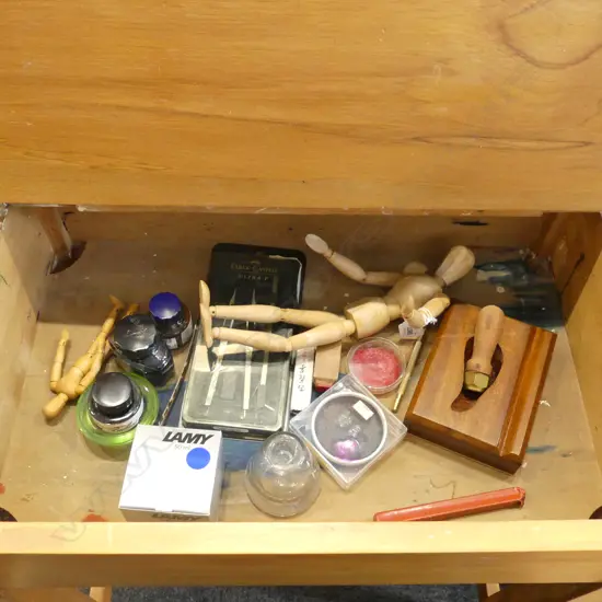 VINTAGE RIMU SCHOOL DESK WITH CALLIGRAPHY INKS, SEALS, ETC