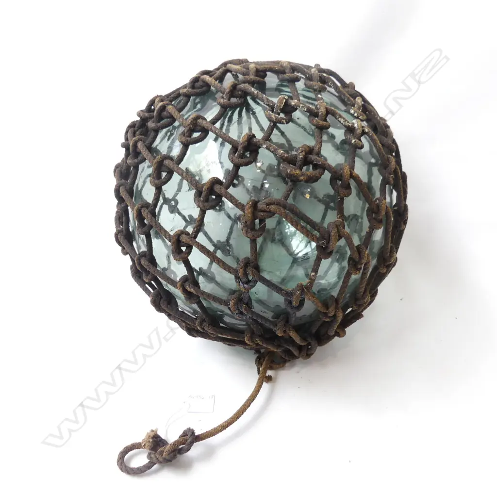 OLD GLASS FISHING FLOAT WITH BROWN NETTING DIA APPROX 300MM Image 1++