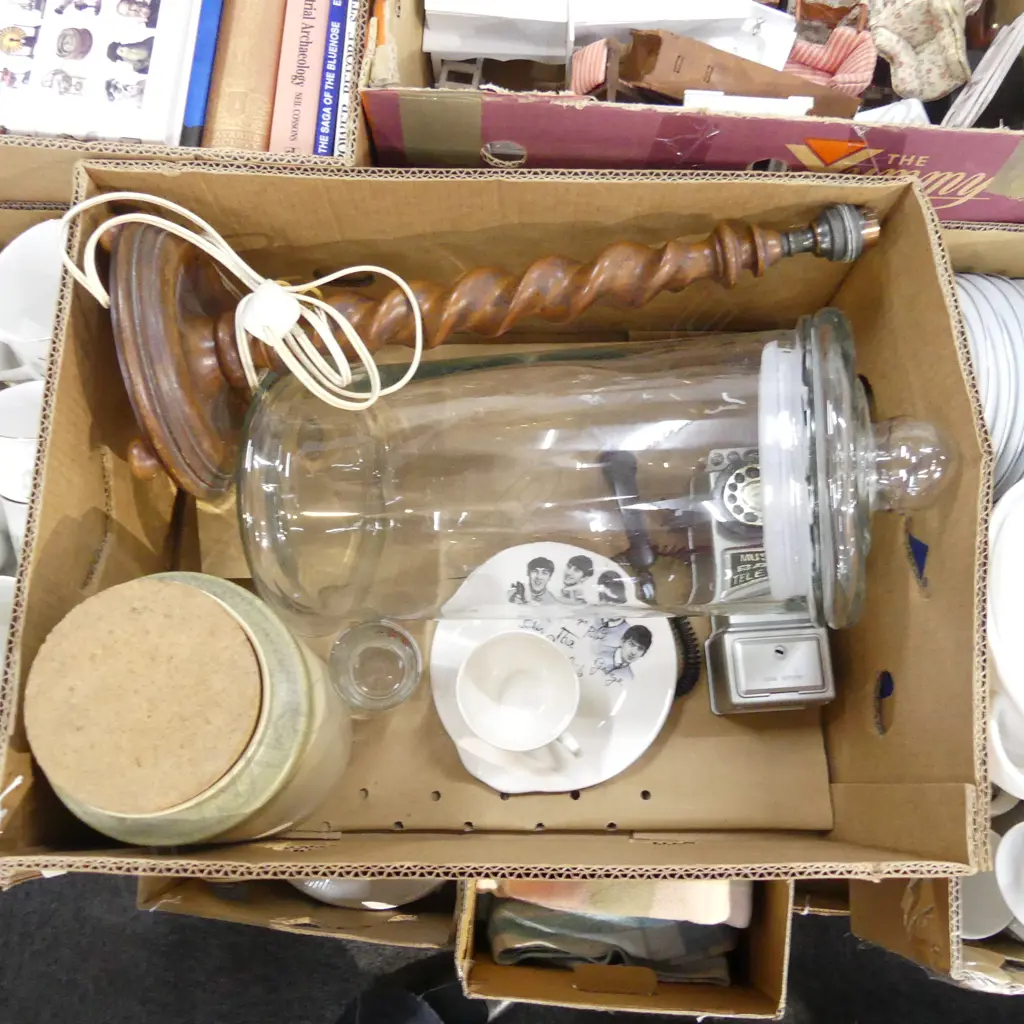 BOX MISC INCL XLL GLASS JAR, BARLEY TWIST LAMP STAND, PHONE MONEY BOX ETC.. Image 1++