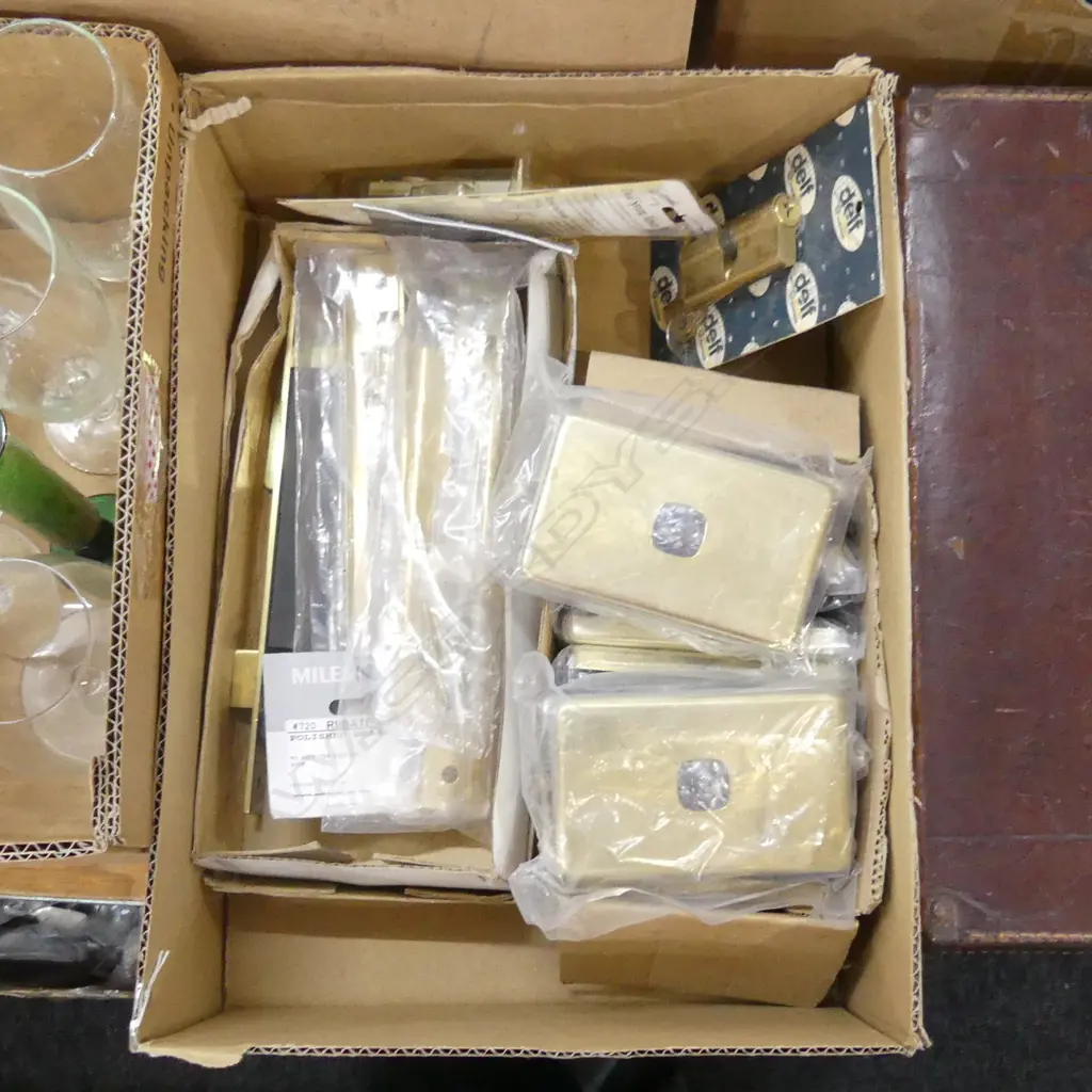 BOX ASST NEW POLISHED BRASS LIGHT SWITCH COVERS, LOCKS ETC.. Image 1++
