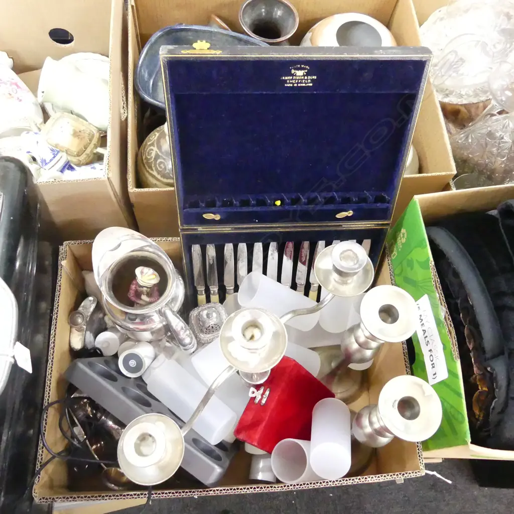 BOX LOT SILVER PLATE, CANDLESTICKS, E-CANDLES, 19thC FIGURE ETC Image 1++