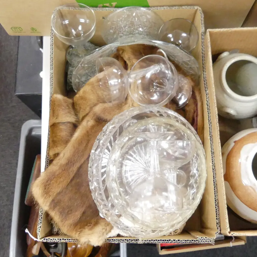 BOX LOT FUR STOLE, LINENS, 6 HOLLOW STEM GLASSES AF, GREENSTONE PCE ETC Image 1++