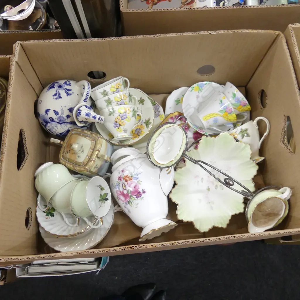 BOX ASST CHINA & PORCELAIN INCL TRIOS, COFFEE POT ETC.. Image 1++
