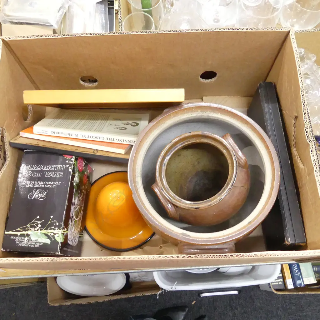BOX ASST INCL POTTERY, FISH SERVERS, HISTORICAL REF. BOOKS ETC.. Image 1++