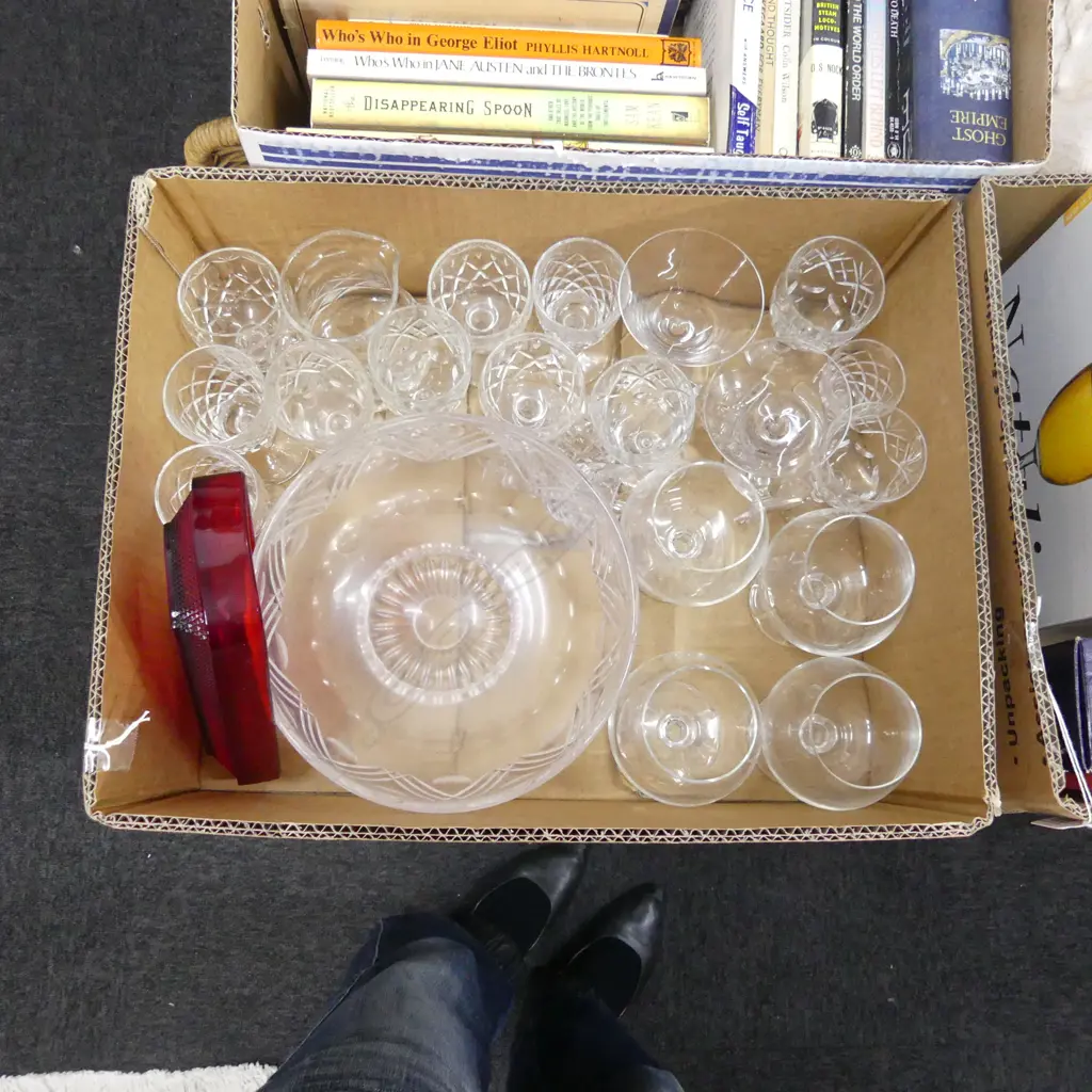 BOX ASST GLASS WARE; STEMMED CRYSTAL GLASSES; BOWL, RED GLASS DISH ETC.. Image 1++