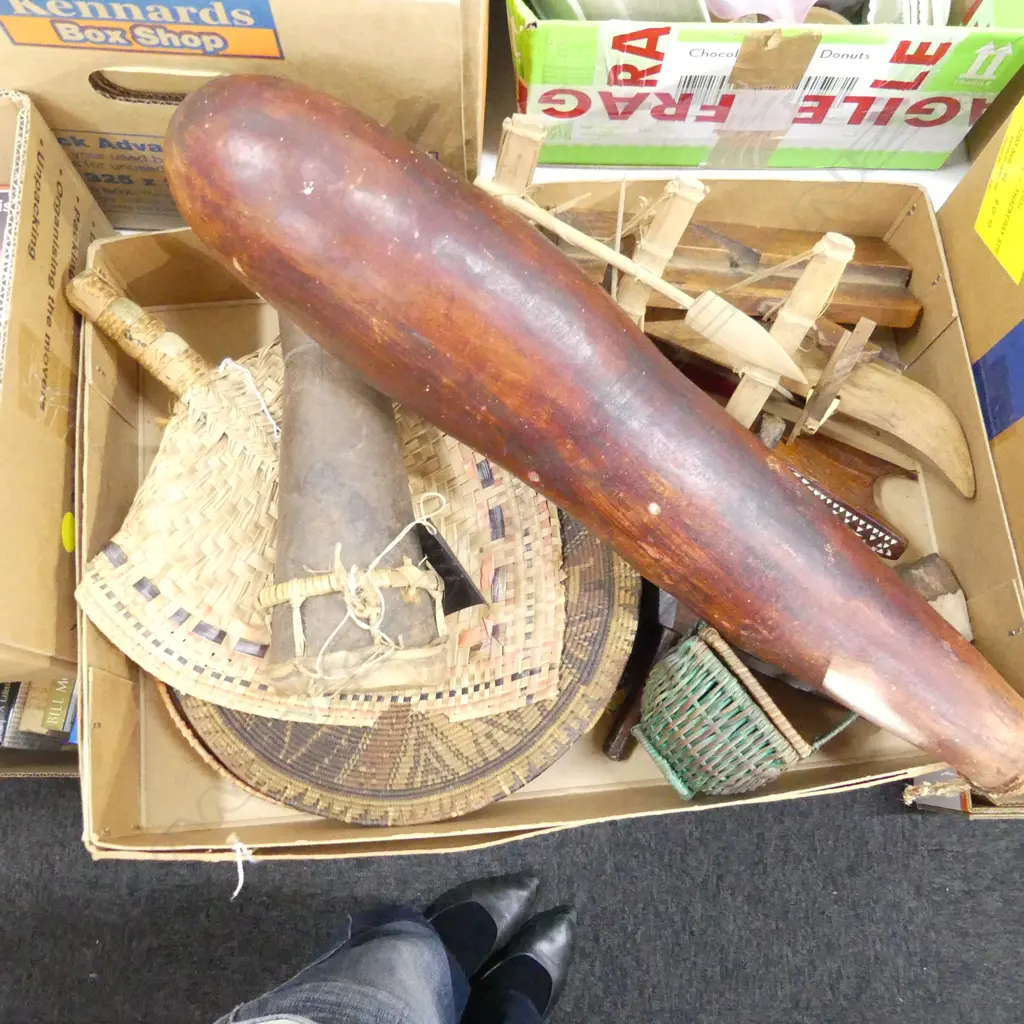 BASKETRY, GOURD, MODEL CANOES. PRIMITIVE DRILL , PRIMITIVE WOOD PLANE. Image 1++