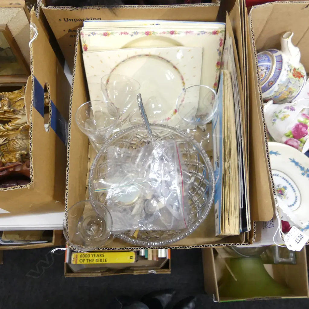 BOX LOT RECTANGULAR DECO PLATES, CUTLERY, CRYSTAL BOWL & 6 GLASSES + COINS / BASKETBALL CARDS ETC Image 1++