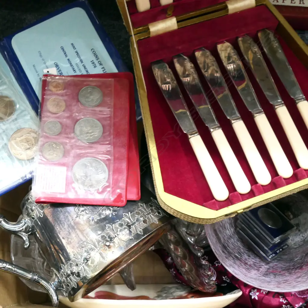 BOX LOT CHINESE JACKET, PLATE, BOXED FISH SET, EP TEAPOT, 2 COIN SETS, 4 COMMEMORATIVE COINS, CRYSTAL ETC Image 1++