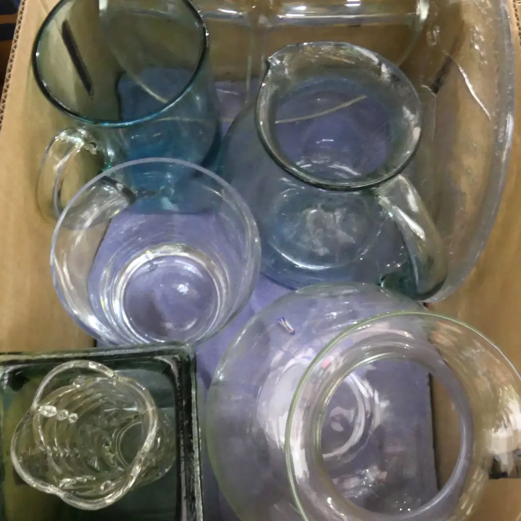 BOX LOT ASST. GLASS JUGS & VASES ETC Image 1++