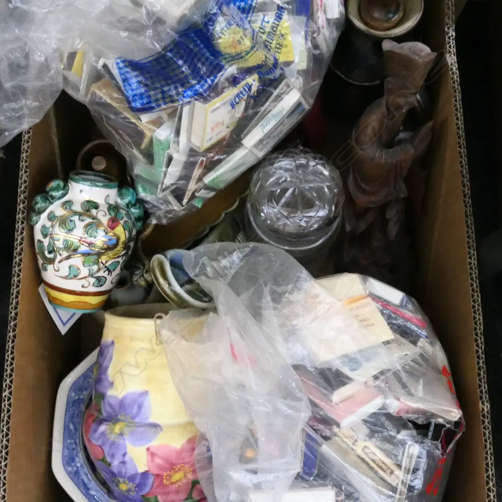 BOX LOT ASST. CERAMICS, MATCH BOXES ETC Image 1++