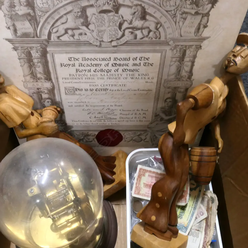 BOX LOT ASST. WORLD COINS, DOME CLOCK, PR WOODEN FIGURES, CERTIFICATE Image 1++