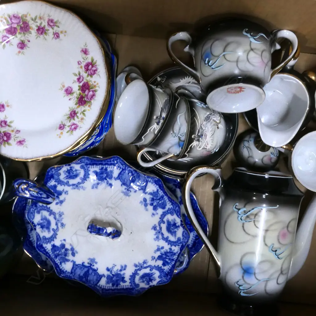 BOX ASST GLASS & PORCELAIN INCL DRAGON TEA SET, BLUE & WHITE SAUCE DISH & LADLE ETC. Image 1++