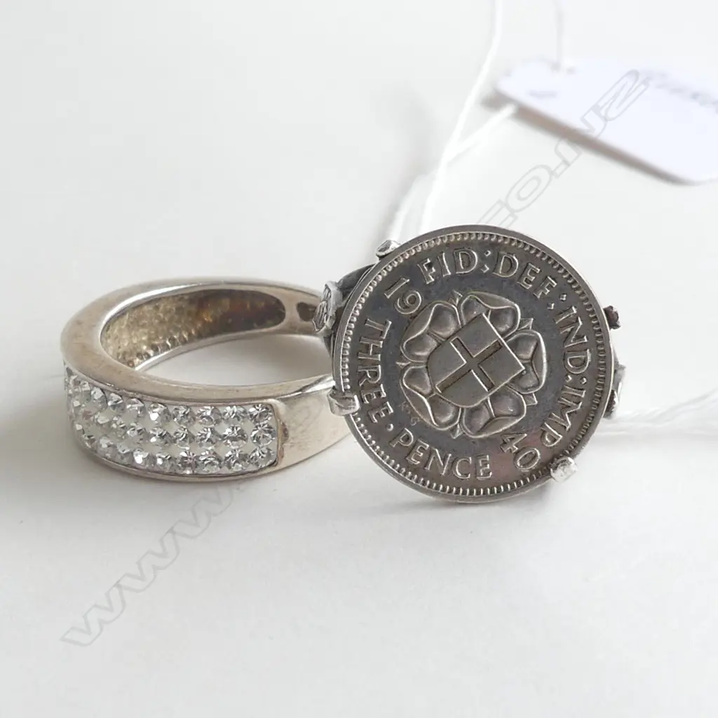 SILVER RING SET w 1940 ENGLISH 3d COIN , SIZE O and SILVER RING WITH CZs, SIZE N Image 1++