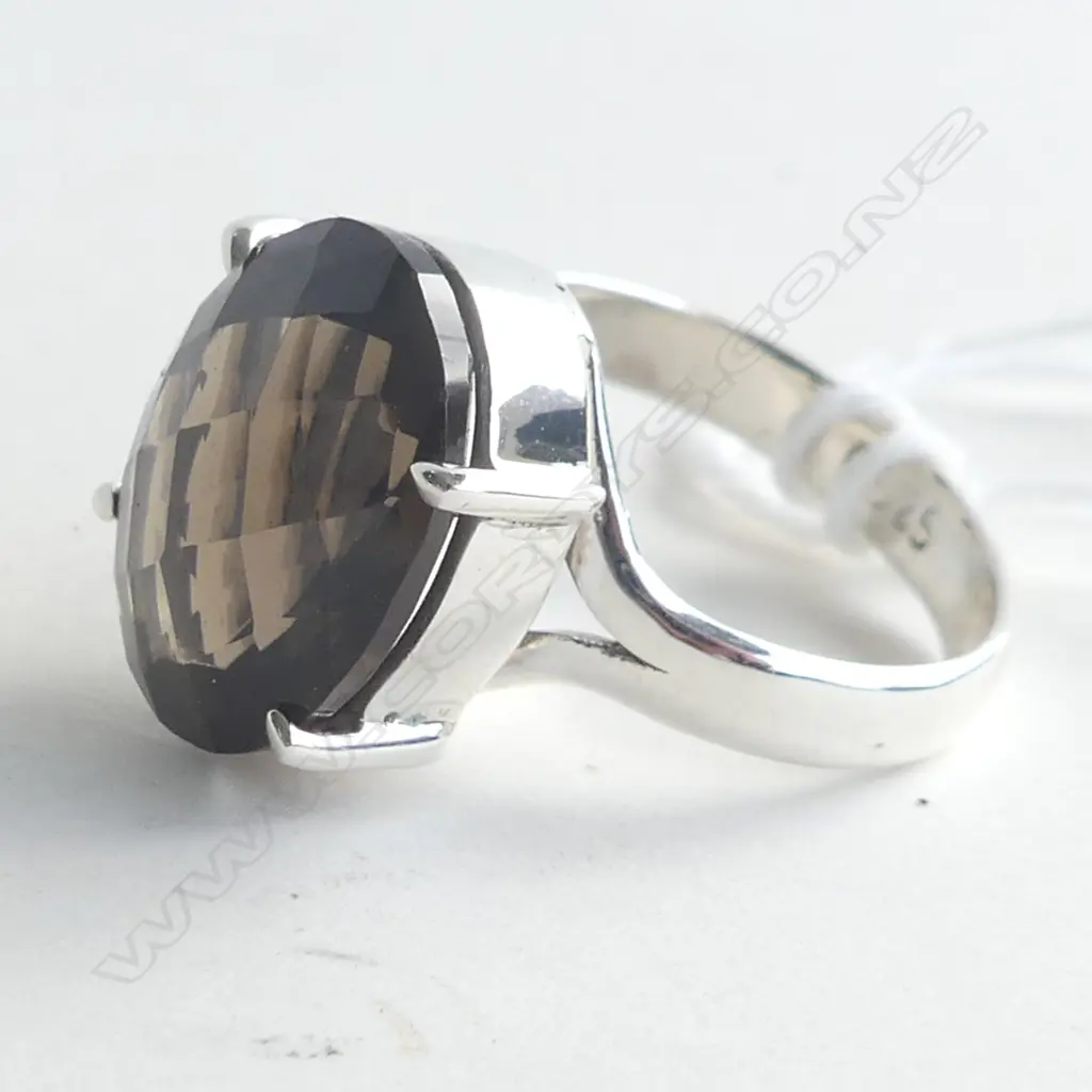 RING  - SMOKY TOPAZ & .925 SILVER, SIZE P Image 1++