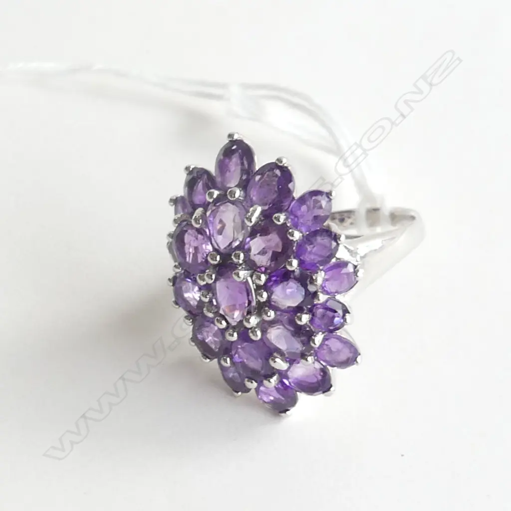 SILVER RING WITH MULTI AMETHYST STYLE STONES, SIZE O Image 1++