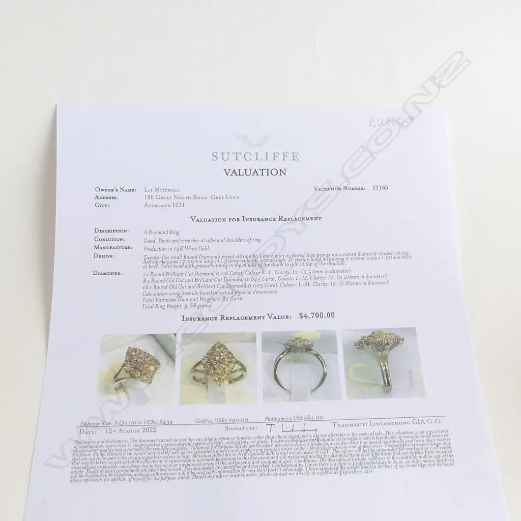 14ct. WHITE GOLD AND DIAMOND RING TDW 1.20ct Valuation $4,700, SIZE M Image 1++
