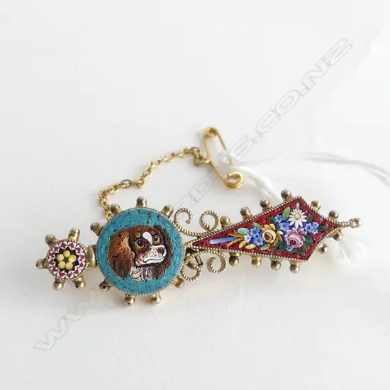 ITALIAN MICROMOSAIC GILDED BROOCH FLORAL WITH KING CHARLES SPANIEL 48x15(widest point) **RTV**