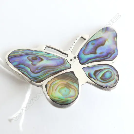 IDA HUDIG (?) STG SILVER & PAUA SHELL BUTTERFLY BROOCH  MARKED STG SIL'  L.50mm