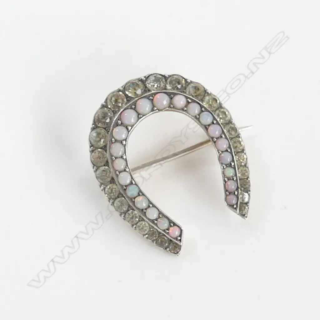 800 SILVER HORSESHOE BROOCH WITH RHINESTONES AND GLASS OPALS Image 1++